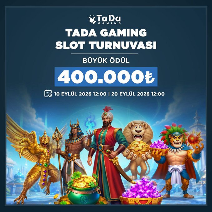 A colorful promotional banner for 'TaDa Gaming' advertises a 'Slot Turnuvası' tournament with a grand prize of '400.000₺' running from September 10 to September 20, 2026, featuring fantasy and mythological characters.