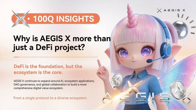 The image is a promotional graphic featuring an anime-style character with pink hair, a unicorn horn, and blue headphones, beside text reading "100Q INSIGHTS — Why is AEGIS X more than just a DeFi project?" The accompanying message explains that while DeFi is the foundation, AEGIS X extends into AI, DAO, applications, and global collaboration to build a broader digital value ecosystem, reinforcing the image's headline about the project expanding beyond a single protocol.