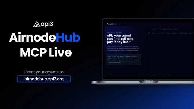 Promotional graphic for API3's AirnodeHub MCP Live, directing agents to airnodehub.api3.org, featuring a laptop displaying an interface about APIs and agent capabilities.
