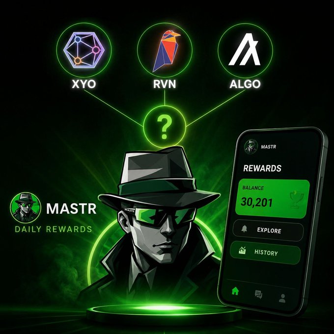 Promotional graphic for MASTR Daily Rewards app showing supported cryptocurrencies XYO, RVN, and ALGO connecting to a question mark, featuring a green-themed illustration of a man in a fedora and sunglasses alongside a smartphone interface displaying a balance of 30,201.