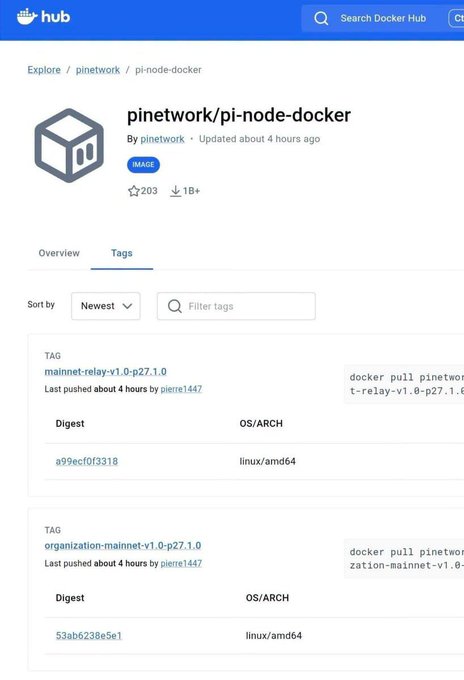 The image shows the Docker Hub repository page for "pinetwork/pi-node-docker" by pinetwork, displaying the latest tags including "mainnet-relay-v1.0-p27.1.0" and "organization-mainnet-v1.0-p27.1.0" (digest 53ab6238e5e1), both updated about 4 hours ago. This visually confirms the post's claim that Pi Node Docker has been updated to version 27, with the "organization-mainnet" tag indicating preparation for the V27 mainnet launch.