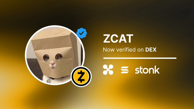 A cat peeking out of a cardboard box wearing a Z symbol badge accompanies an announcement that "ZCAT is now verified on DEX" on the stonk platform. The image visually reinforces the post's message about ZCAT being available for trading on a decentralized exchange.