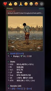 A mobile screenshot showing crypto token information for '$SAAR ($SAARF)' on a Phanes-tracked wallet, with Stats showing USD $0.4879 (+16%), MC $46.9K, VOL $12.7K, LP $9.4K, and market cap metrics.