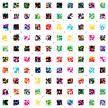 A grid of colorful pixel art sprites, appearing to be character animations in various poses and colors arranged in rows on a white background.