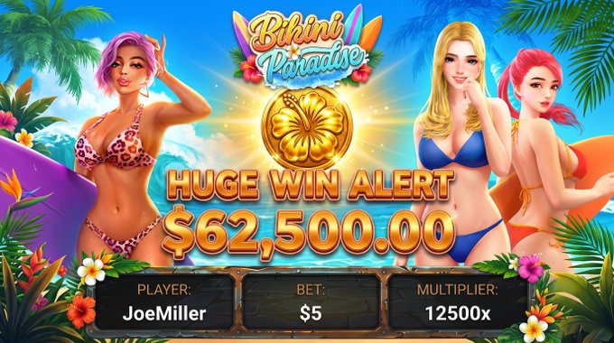 The image is a promotional graphic for the "Bikini Paradise" slot game, featuring a tropical beach theme with three women in bikinis, a large golden coin, and a "Huge Win Alert" banner showing a player named "JoeMiller" winning $62,500.00 with a $5 bet and 12500x multiplier. It directly ties to the accompanying post's giveaway announcement, highlighting the game's high multiplier feature as a key selling point for the Wcoin contest.