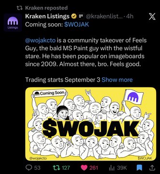 A social media post from 'Kraken Listings' (@krakenlist_) announcing $WOJAK is a community takeover of Feels Guy, the MS Paint wojak meme artist, with trading starting September 3.