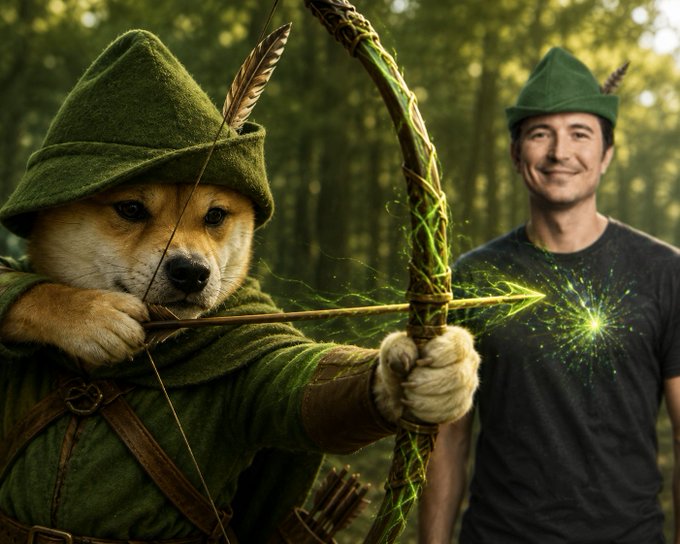 A Shiba Inu dressed as a green Robin Hood archer aims a glowing magical arrow at a smiling man wearing a matching feathered cap, symbolizing the overthrow of "$VLAD" by the "$ROBIN" token. The whimsical battle scene visually represents the campaign's call to end one meme and crown the next champion on the chain.