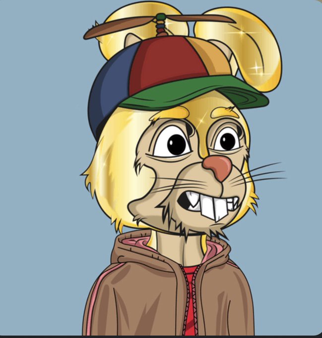 An illustrated character with blonde hair, a multicolored propeller cap, and prominent buck teeth wears a brown jacket over a red shirt.