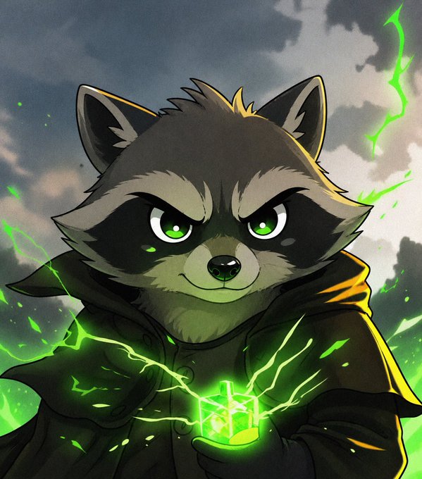 A chibi-style Rocket Raccoon from Marvel's Guardians of the Galaxy holds a glowing green cube that emits crackling green energy, set against a stormy sky—evoking the character's obsession with shiny, powerful items in the films, a fitting visual metaphor for chasing a viral "gem" of a meme coin.