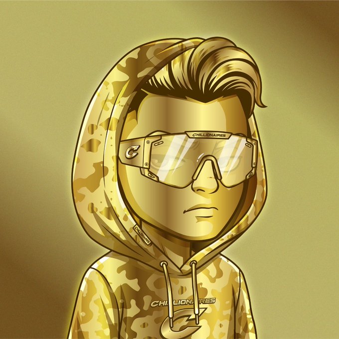 A gold-toned, chibi-style illustration of a male character wearing a camouflage 'CHILLIONAIRES' hoodie and futuristic reflective sunglasses.