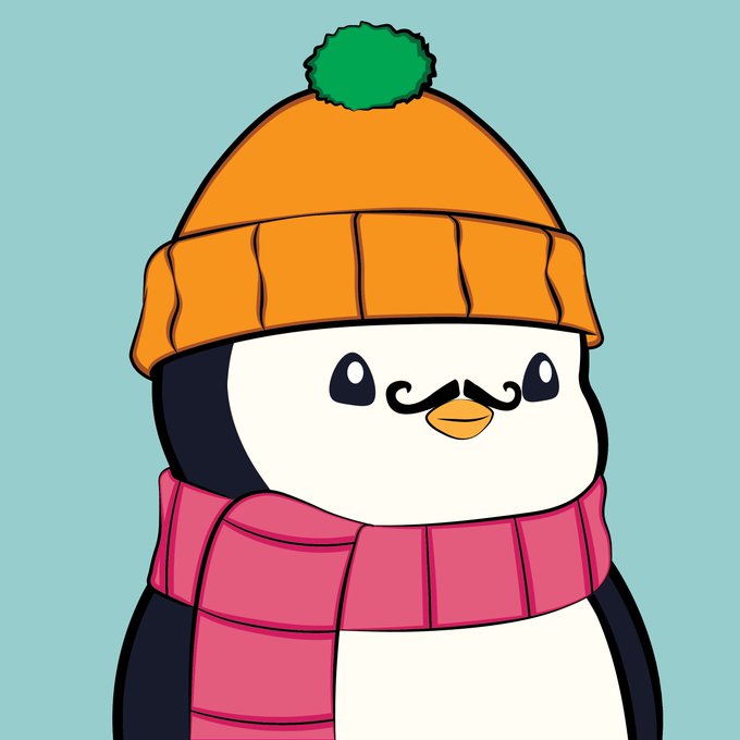 A cartoon illustration of a smiling penguin wearing an orange beanie with a green pom-pom and a pink scarf against a light blue background.