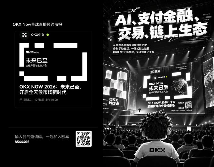 A promotional poster for 'OKX Now 2026' featuring text in Chinese and English, with the headline 'OKX NOW 2026: 未来已至，开启全天候市场新时代' and mentions of AI, payments, finance, trading, and on-chain ecosystem.