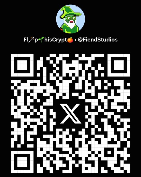 A pixel art avatar wearing a green wizard hat appears above the text 'FlipThisCrypto🍎.@FiendStudios' and a large QR code with an X logo in the center.