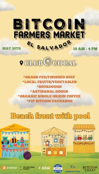 The image features a poster for an event at Bitcoin Farmers Market, which appears to be taking place on Saturday. The poster includes details about the event such as the date, time, location, and various activities that will take place. There are also some illustrations of food items like fruits, vegetables, and other products available at the market. Additionally, there is a link to a website for Bitcoin Cash, which might be related to the Bitcoin Farmers Market or another Bitcoin-related event.