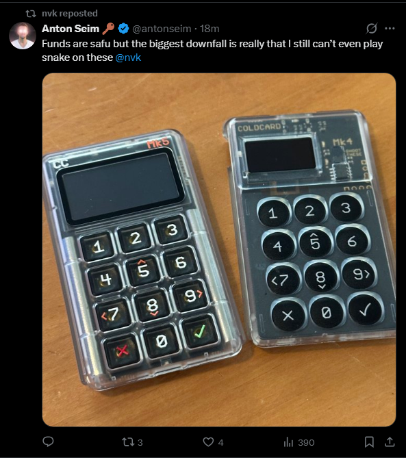 A tweet from Anton Seim (@antonselim) shows two transparent calculator-style hardware wallets, complaining that despite funds being safe, he still can't play snake on the @nvk devices. The image illustrates the user's frustration with the product jokingly referencing features like a Snake game, which ties to the critical post about leadership mishandling communication after a significant financial loss.