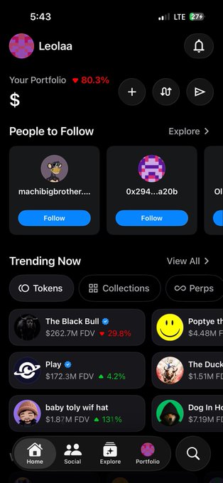 A mobile app screenshot from a social trading platform showing user Leolaa with a portfolio down 80.3%, a 'People to Follow' section featuring machibigbrother and 0x294...a20b, and a 'Trending Now' list including Tokens, Collections, and Perps like 'The Black Bull' (▼29.8%), 'Play' (▲4.2%), and 'baby toly wif hat' (▲131%).