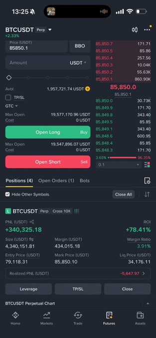 A screenshot of a cryptocurrency trading app on a mobile phone, showing BTCUSDT perpetual futures trading interface with options to 'Open Long' and 'Open Short'.
