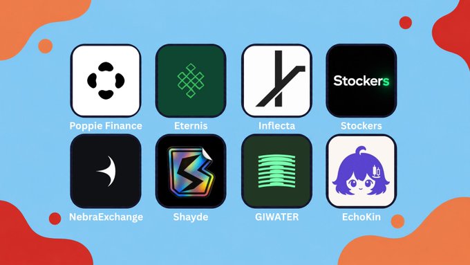 A blue background displaying eight app-style icons arranged in two rows, labeled: Poppie Finance, Eternis, Inflecta, Stockers, NebraExchange, Shayde, GIWATER, and EchoKin.
