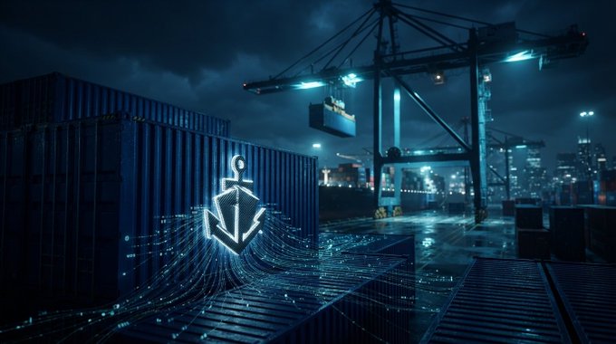 A nighttime industrial port scene with shipping containers and cranes, featuring a glowing digital anchor hologram overlaid on the image.