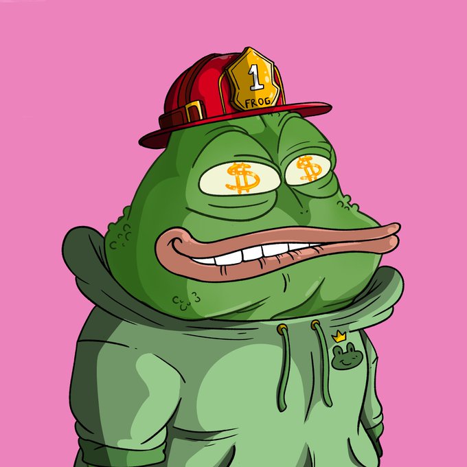 A cartoon green frog character wearing a red firefighter helmet labeled "1st FROG" and a green hoodie, with gold dollar signs ($) replacing its pupils, visually embodies the "ridiculous frog collection" meme from the post—using the absurd, money-eyed frog imagery to humorously promote the mint site "somethingridiculous.fun" as a playful distribution concept.