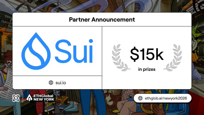 The image features a post about a partnership between Sui and another company. The post includes a logo of a blue water droplet and a white laurel wreath, along with text that announces the partnership and mentions prizes for building the Sui stack on top of the Ethereum blockchain.
