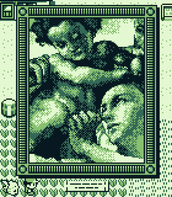 A pixel art illustration in green monochrome tones depicting a framed portrait of a man and woman in a romantic embrace.