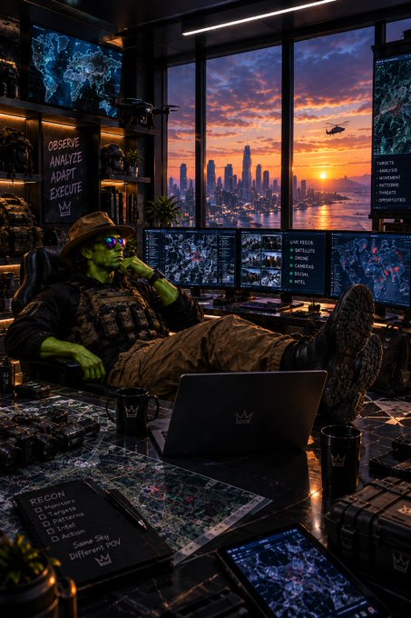 A green-skinned figure in tactical gear reclines at a multi-monitor command station overlooking a sunset cityscape, with motivational signs reading "OBSERVE ANALYZE ADAPT EXECUTE" and "RECON" checklist visible. The caption "GM TO THOSE WHO DON'T SCAM ON A DAILY BASIS" aligns with the image's war-room, surveillance-heavy aesthetic—framing the anti-scam message as a call to "recon" and execute with integrity rather than deception.