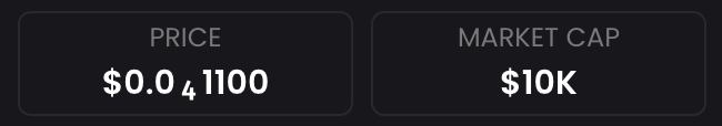 The image shows a cryptocurrency price tracker displaying a token with a price of $0.0₄1100 and a market cap of $10K, indicating an extremely low-value, early-stage micro-cap coin. This visual likely represents the next "multiplier" token the poster is promoting, following their previous calls like $Jimothy, $CASHCAT, $TENDIES, $ANSEM, and $PONS, all of which they claim saw massive gains.