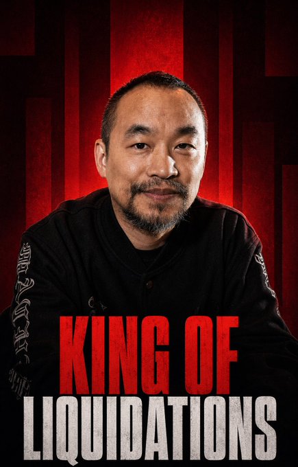 Promotional poster featuring a portrait of an Asian man with a goatee wearing a black shirt, set against a red background, with the text 'KING OF LIQUIDATIONS' displayed at the bottom.