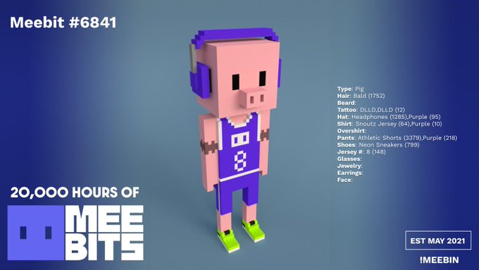 A Meebit #6841 NFT character, a pixelated pig in a purple basketball jersey, displayed with attributes including 'Type: Pig', 'Hair: Bald', and 'Overshirt: Stout-Jersey (64), Purple', marked 'EST MAY 2021' by IMEEMIN.