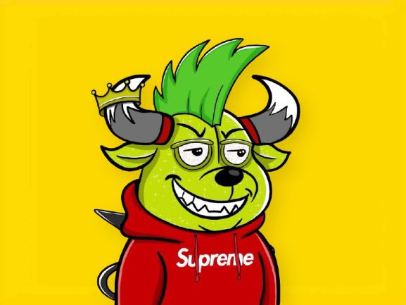 A cartoon illustration of a green horned character with a mischievous grin wearing a red hoodie labeled "Supreme" against a bright yellow background.