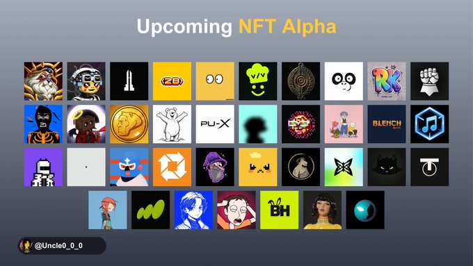 A slide titled 'Upcoming NFT Alpha' displaying a grid of 35 NFT collection thumbnails, credited to @Uncle0_0_0 in the bottom corner.
