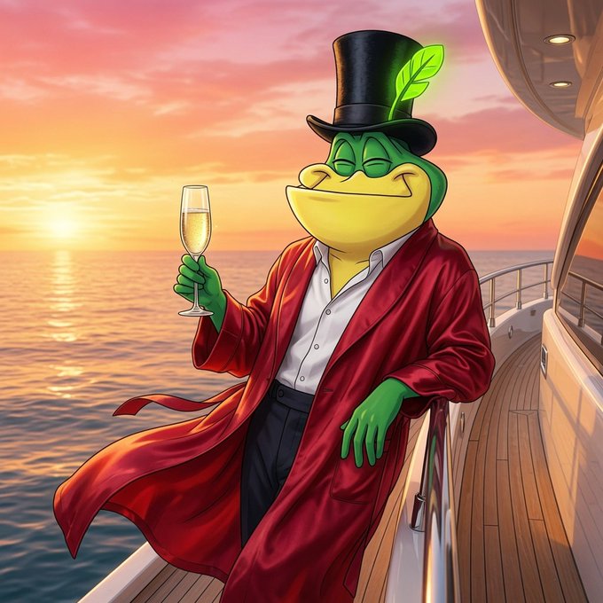 A dapper green frog wearing a top hat with a leaf and a flowing red coat holds a champagne glass on a yacht deck at sunset.