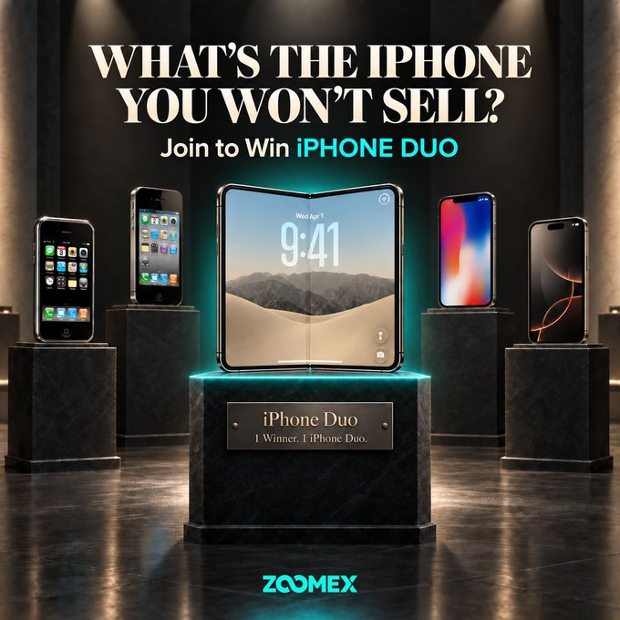 A promotional Zoomex ad asks "WHAT'S THE IPHONE YOU WON'T SELL?" inviting followers to share their first iPhone to win an "iPhone Duo" prize, displayed on a pedestal alongside various iPhone models in a showroom setting. The image complements the post's nostalgic challenge about folding iPhone history by showcasing the iPhone evolution from original models to a center-stage foldable device.