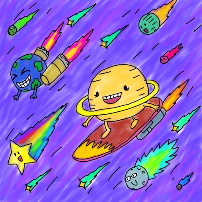 A cheerful cartoon Saturn character wearing a yellow ring joyfully rides a rocket through a vibrant purple cosmic scene filled with smiling planets, stars, and shooting comets in a playful "Kid" NFT collection style.