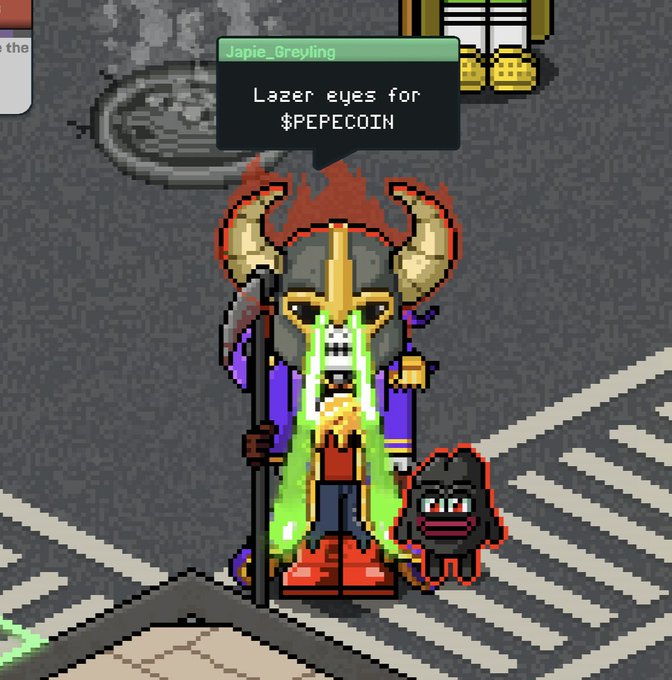 A pixel art character named 'Japie_Greyling' wearing horned headgear and holding a staff has green laser beams shooting from its eyes, with a speech bubble reading 'Lazer eyes for $PEPECOIN'.