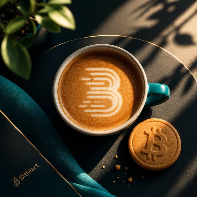 BitMart branded lifestyle image featuring a cappuccino with a Bitcoin symbol in latte art alongside a Bitcoin cookie on a dark teal surface.