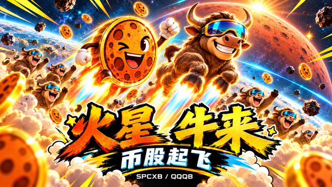 A vibrant, cartoon-style promotional graphic shows an anthropomorphic cookie and a bull wearing sunglasses flying through space, with Chinese characters reading '火星 牛来 币股起飞' and the text 'SPCXB / QQOB' at the bottom.