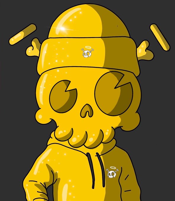 The image features a cartoon-style illustration of a person wearing a yellow hoodie, hat, and gloves with a skull design on their face. The person appears to be standing against a black background, which emphasizes the vibrant colors of their outfit. The caption above the image reads "In the last few months I have added Quirkies to my personal collection Still the most confident place for me to park my ETH A leader should never let their community have more conviction than them Does that mean founders have to buy all the time... no But curating a".