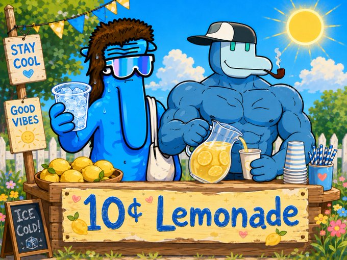 A colorful cartoon illustration shows two blue characters running a lemonade stand with a sign reading '10¢ Lemonade' and smaller signs saying 'STAY COOL', 'GOOD VIBES', and 'ICE COLD!'.