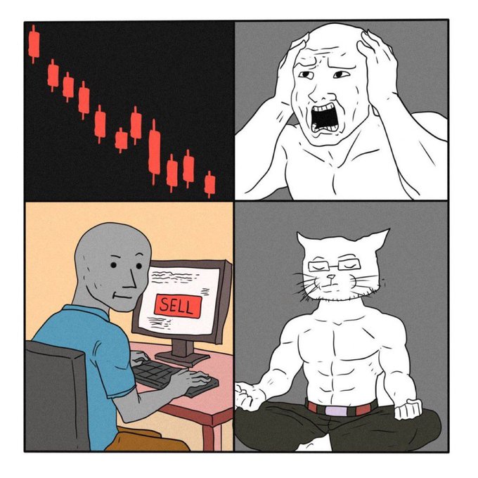 This meme depicts a falling stock chart and a panicked trader in the top panels, contrasted with a calm individual at a computer with a "SELL" button and a serene cat-like figure in the bottom panels, reflecting a "buy the dip" or defiant attitude towards market downturns.