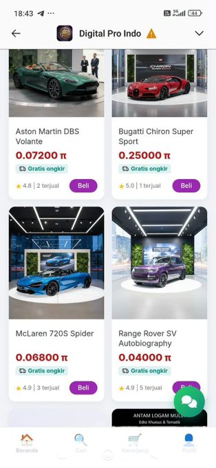 A screenshot from the 'Digital Pro Indo' app showing luxury cars for sale including an Aston Martin DBS Volante for 0.07200 π, Bugatti Chiron Super Sport for 0.25000 π, McLaren 720S Spider for 0.06800 π, and Range Rover SV Autobiography for 0.04000 π.