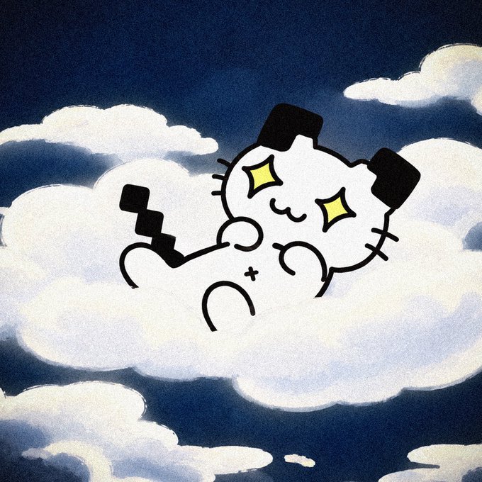 A cute cartoon cat with star-shaped eyes rests contentedly among fluffy clouds against a deep blue sky, perfectly capturing the blissful mood of a "Good morning" greeting.