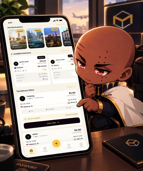 An anime-style illustration of a dark-skinned character with red eyes looking thoughtfully at a smartphone displaying a travel/delivery app with various destinations and offers.