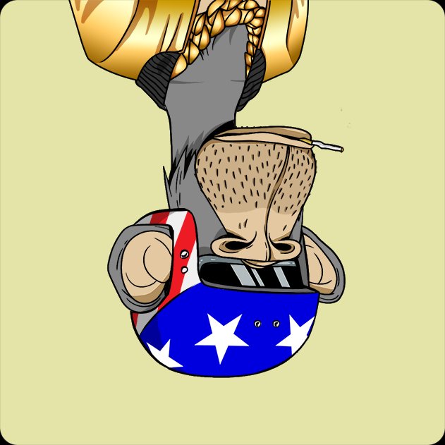 A cartoon illustration of a bald, stubbled man hanging upside-down, wearing a shirt with American flag stars, stripes, sunglasses, and a gold chain.