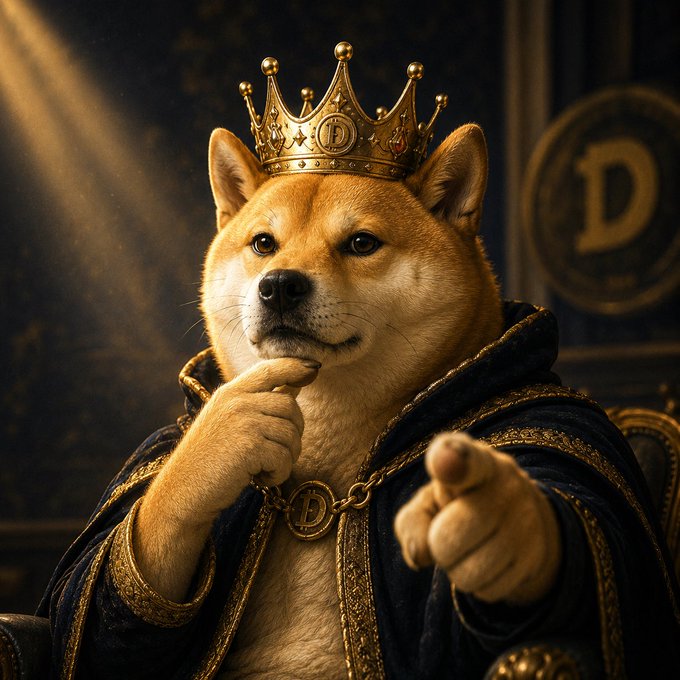 An AI-generated image shows a Shiba Inu dog wearing a golden crown with a 'D' emblem, dressed in royal robes and pointing at the viewer, with a Dogecoin logo in the background.