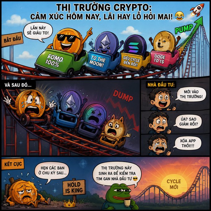 A Vietnamese comic titled 'THỊ TRƯỜNG CRYPTO' (Crypto Market) depicting crypto coins like Doge and ETH on a roller coaster labeled 'PUMP' and 'DUMP', satirizing the FOMO cycle of investors buying high and panicking during crashes.