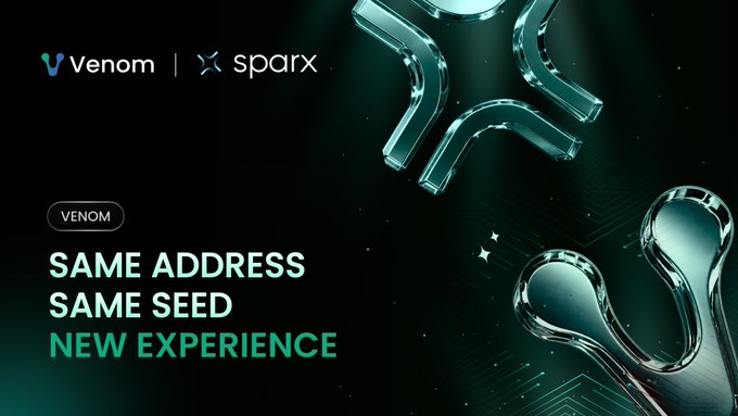 A sleek promotional graphic for "Venom | Sparx" features the tagline "Same Address, Same Seed, New Experience" in teal text, accompanied by glossy 3D metallic "X" and abstract shapes set against a dark, futuristic background—visually reinforcing the post's announcement that Sparx is a new wallet upgrade maintaining familiar addresses and seed phrases while delivering improved UX.