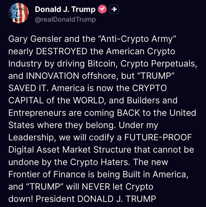 The image features a post about Donald Trump's leadership, with a focus on the future of finance. The caption reads "TRUMP: UNDER MY LEADERSHIP, WE WILL BUILD THE FUTURE OF FINANCE IN AMERICA". This message is related to the post about Bitcoin and cryptocurrency, as it suggests that Trump supports or wants to support the development of these digital assets in America.