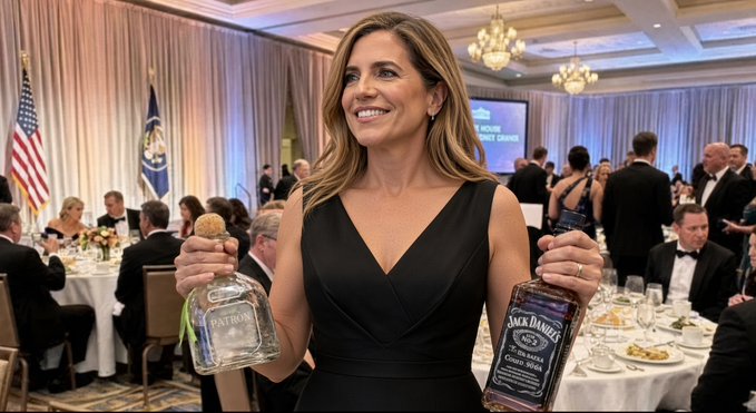 A woman in a black dress smiles while holding a bottle of Patrón tequila and a bottle of Jack Daniel's whiskey at a formal banquet with American flags in the background.